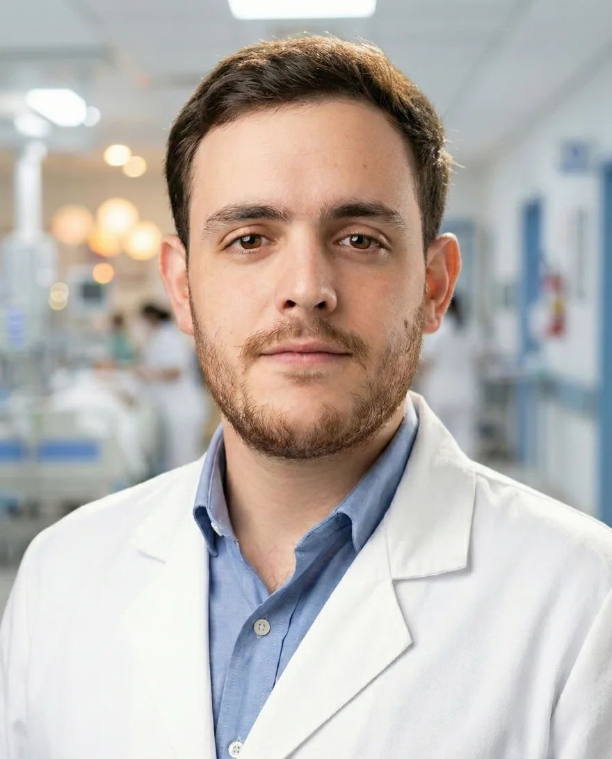 Dr. José de Jesús Bujdud Hurtado con bata blanca en un pasillo de hospital